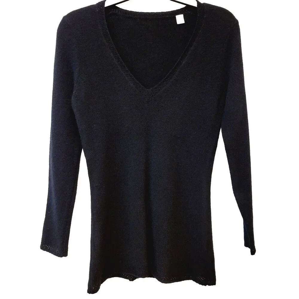 100% Cashmere V-neck Black Azure Finish Long Sleeve Women Sz XS Sweater